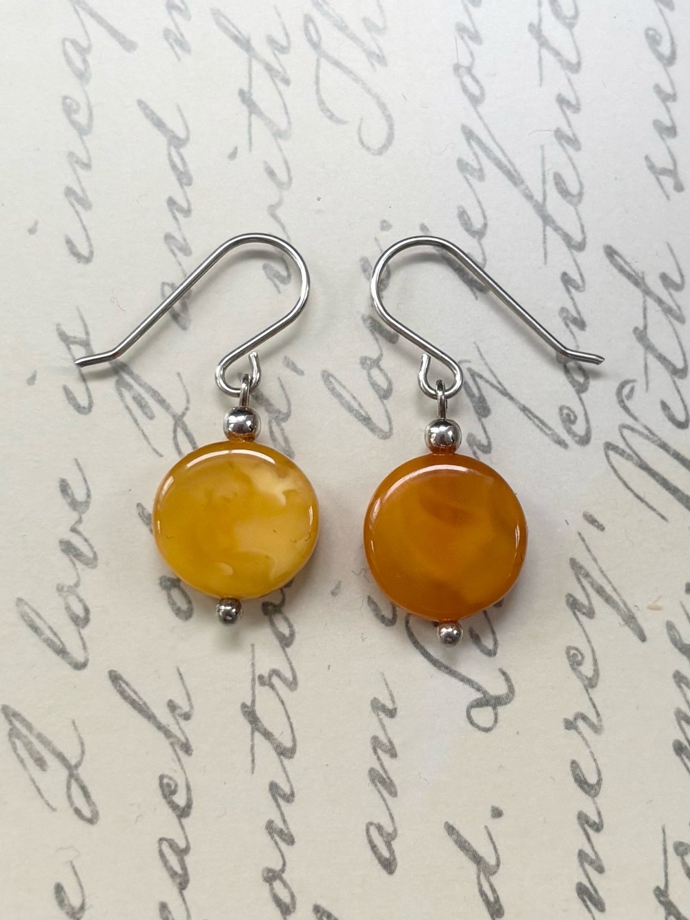 Handmade Amber-Tone Drop Earrings - Silver Hooks